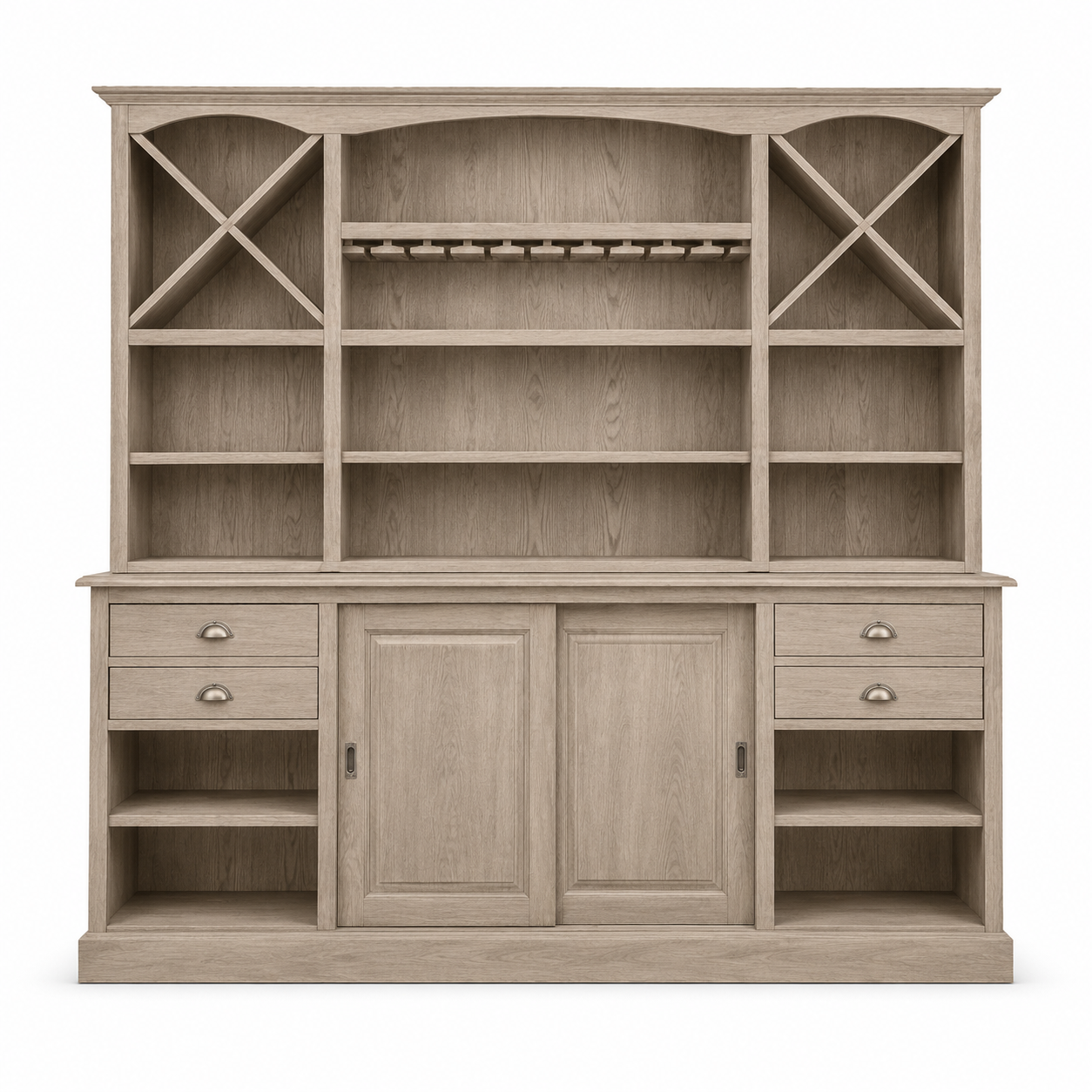 Thouars bar cabinet in solid oak, front view on white background
