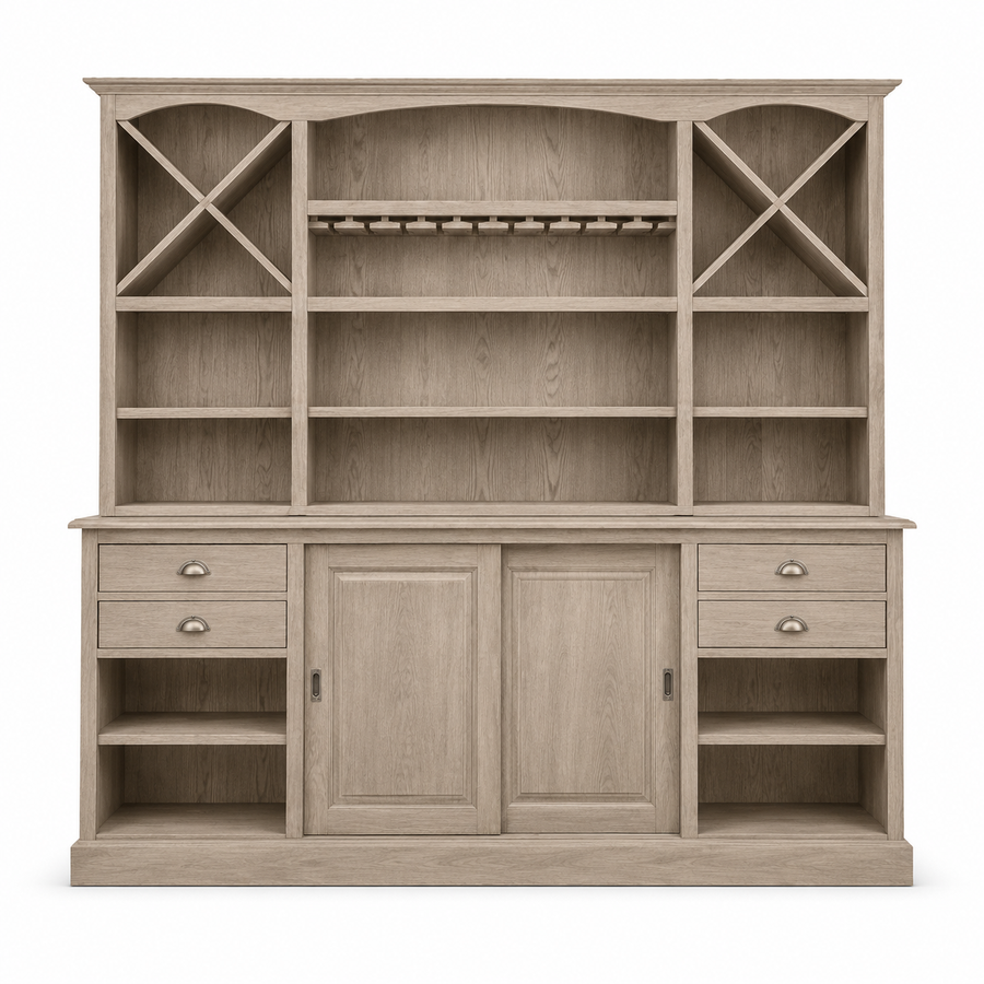 Thouars bar cabinet in solid oak, front view on white background