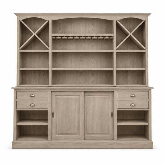 Thouars bar cabinet in solid oak, front view on white background