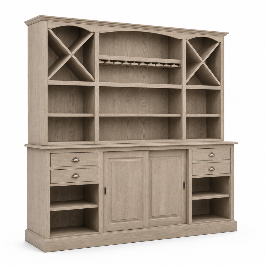 Thouars bar cabinet in solid oak, three-quarter angle view