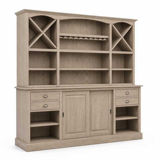Thouars bar cabinet in solid oak, three-quarter angle view