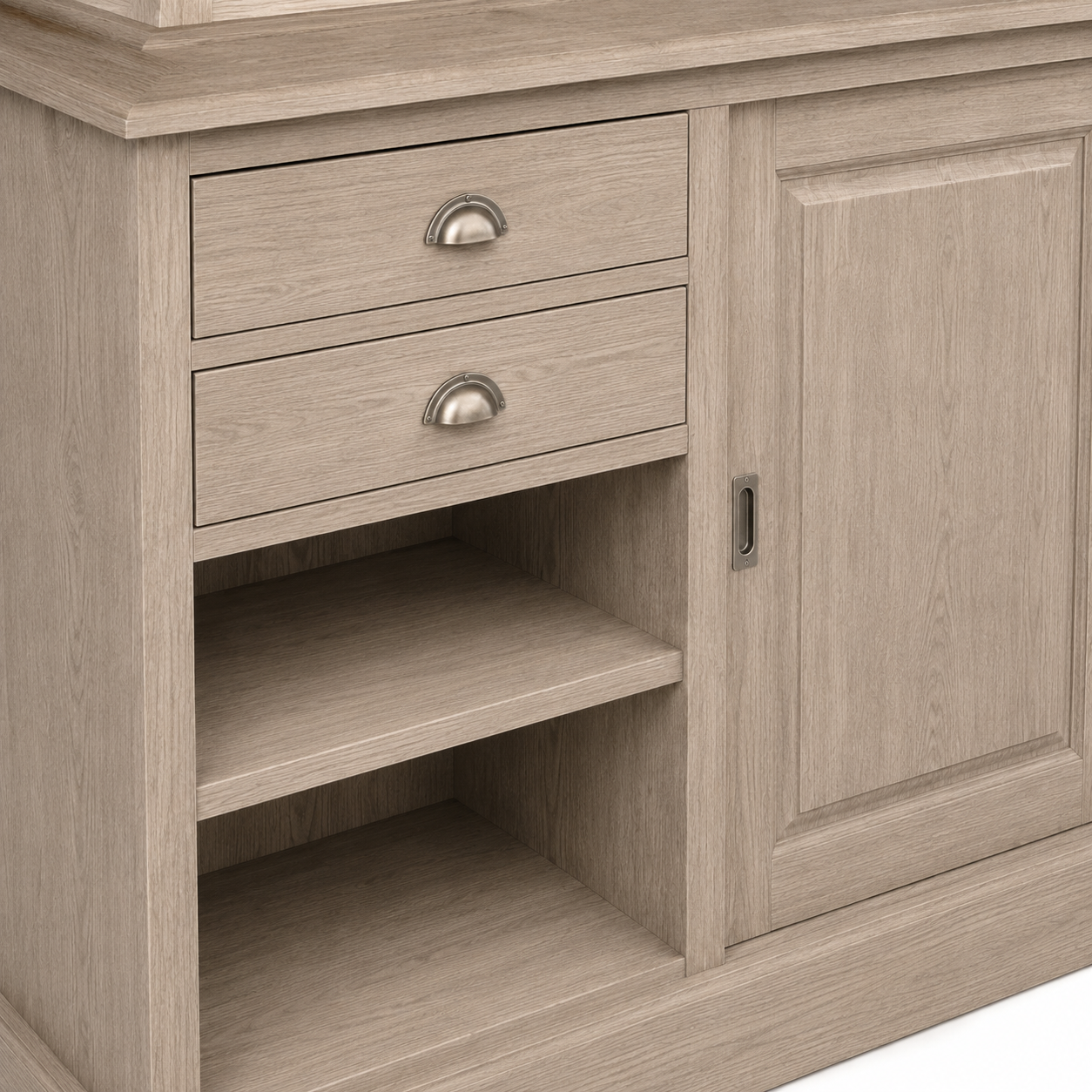 Close-up of the solid oak finish and detailing of the Thouars bar cabinet