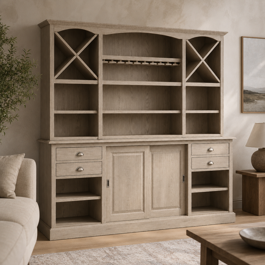 Thouars bar cabinet in solid oak styled in a living room