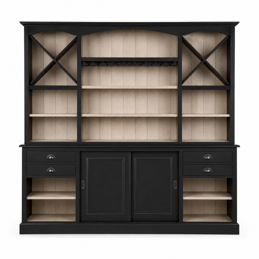 Thouars bar cabinet in black, front view on white background