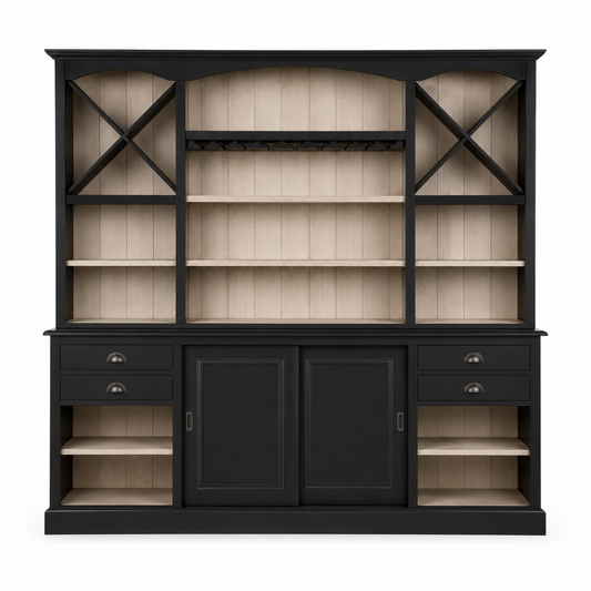 Thouars bar cabinet in black, front view on white background
