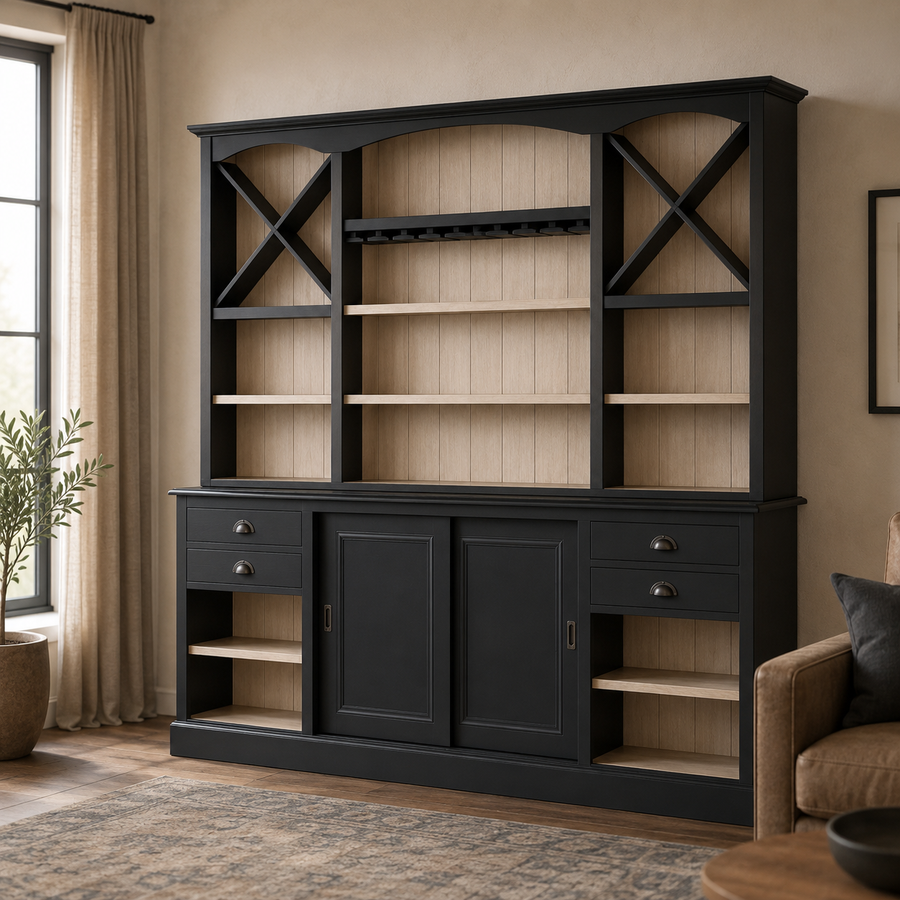 Thouars bar cabinet in black styled in a living room