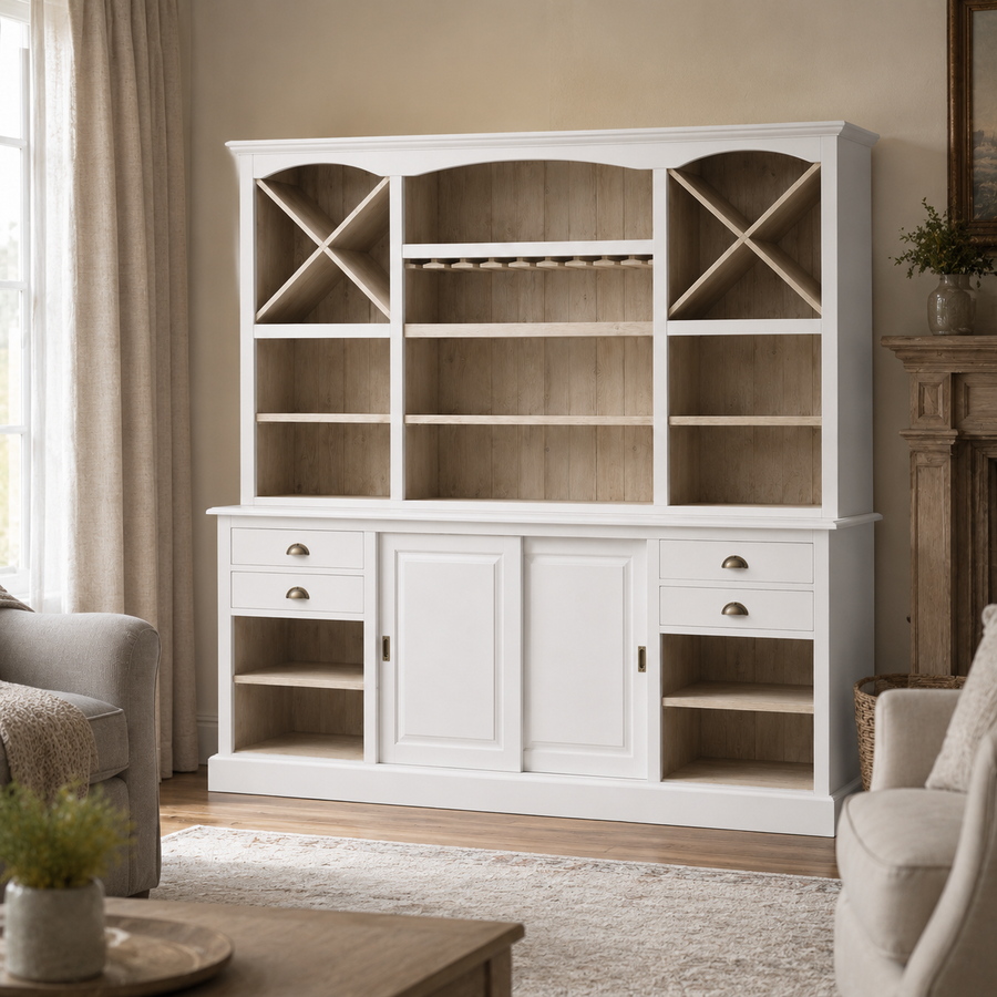 Thouars bar cabinet in white styled in a living room