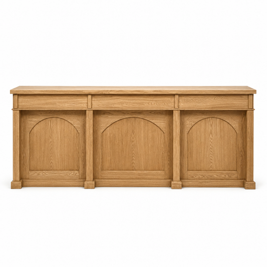 Langeais bar counter in solid oak, front view on white background