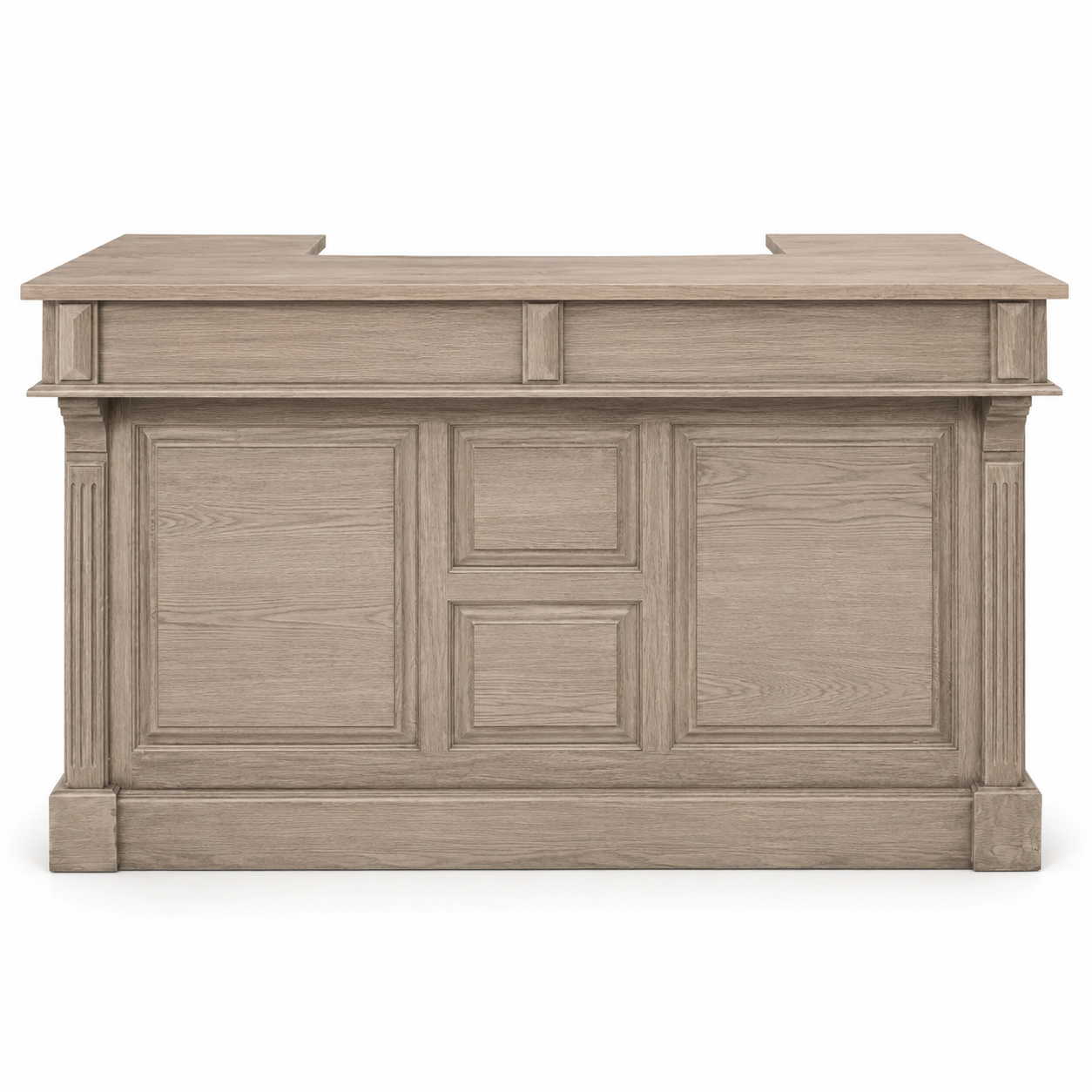 Listrac bar counter in solid oak, front view on white background