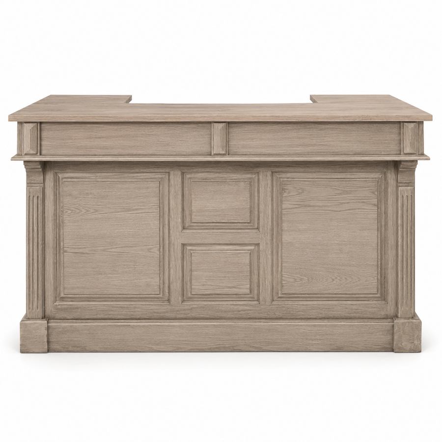 Listrac bar counter in solid oak, front view on white background