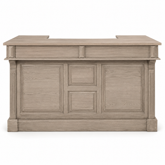 Listrac bar counter in solid oak, front view on white background