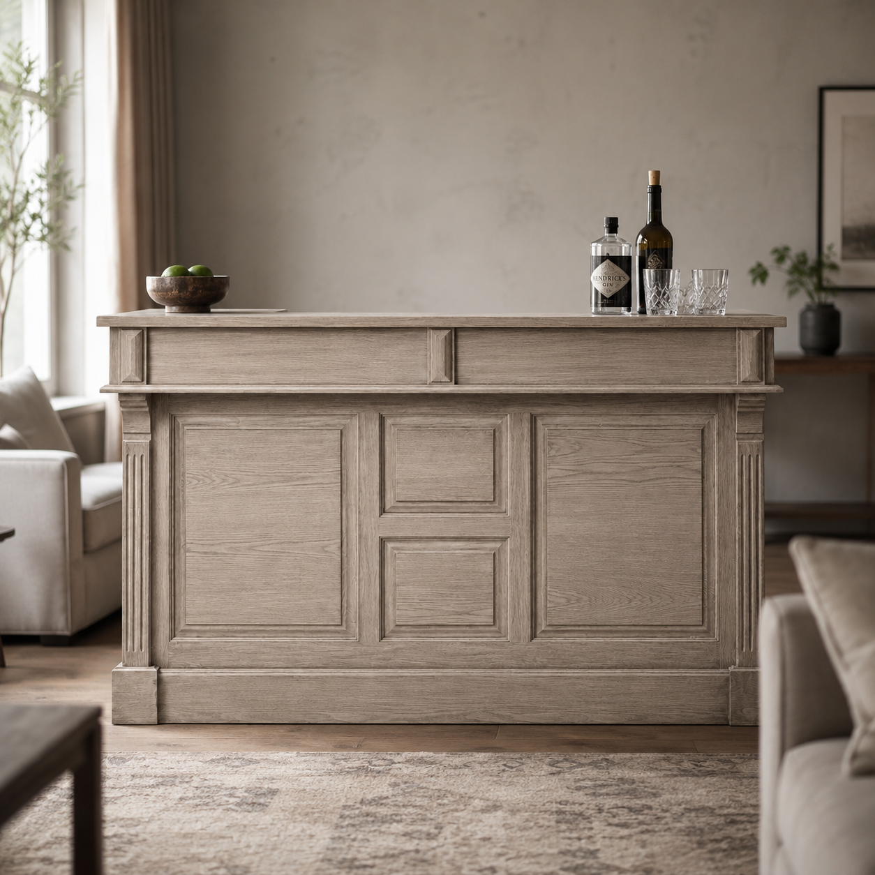 Listrac bar counter in solid oak styled in a living room