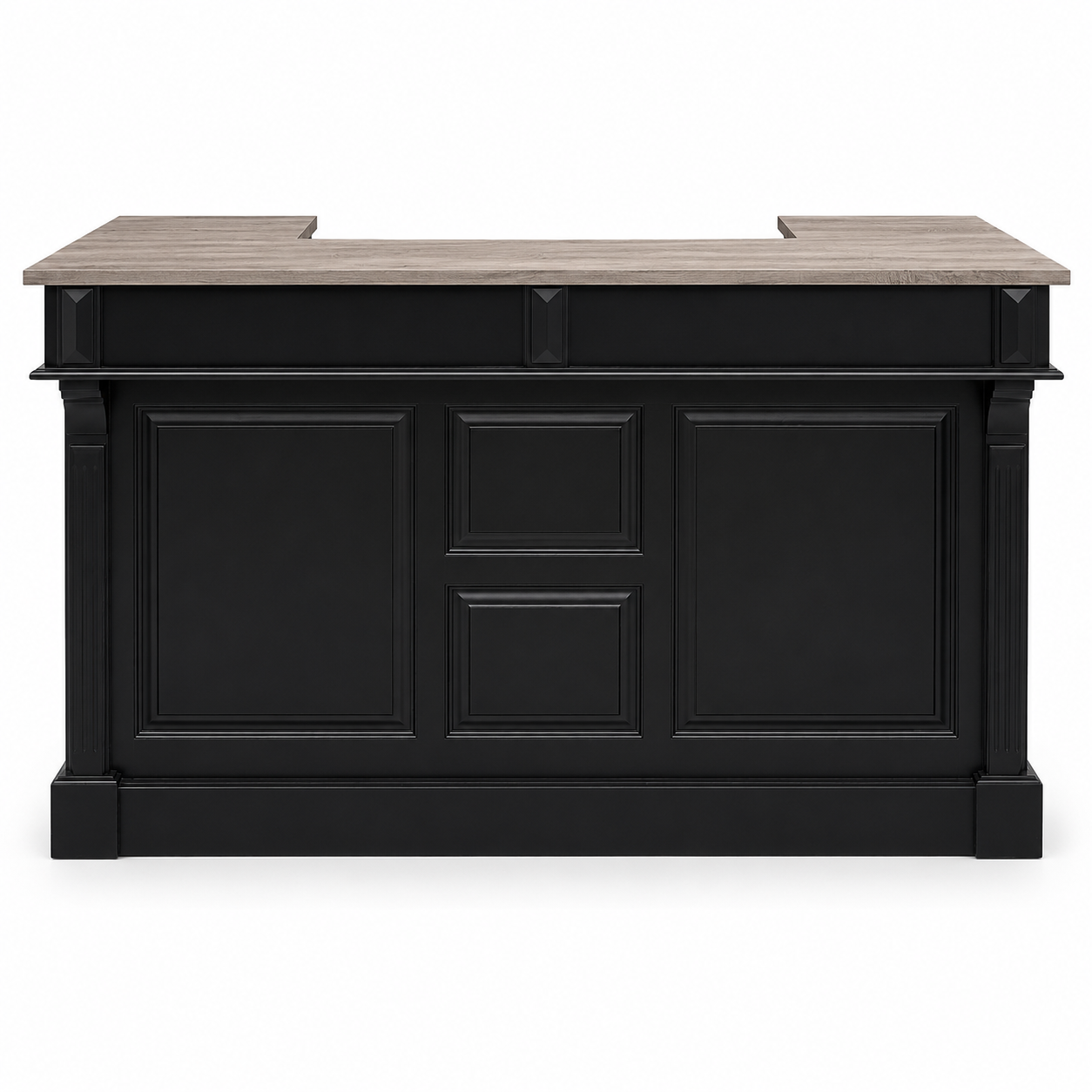 Listrac bar counter in black with oak top, front view on white background