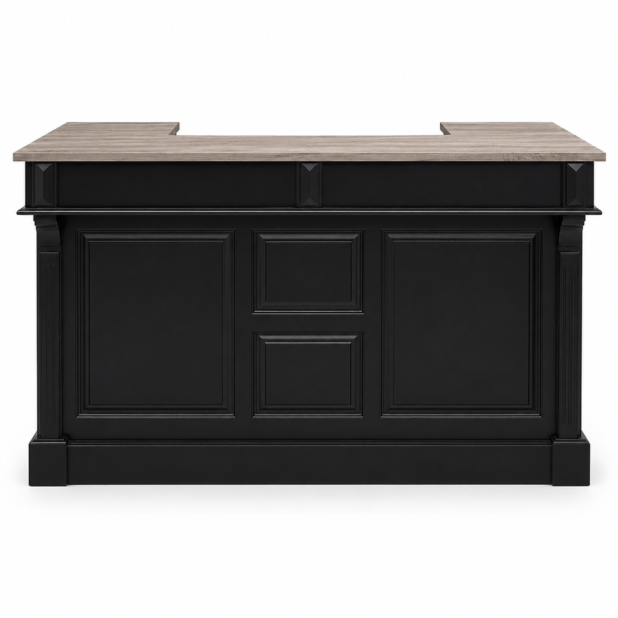 Listrac bar counter in black with oak top, front view on white background