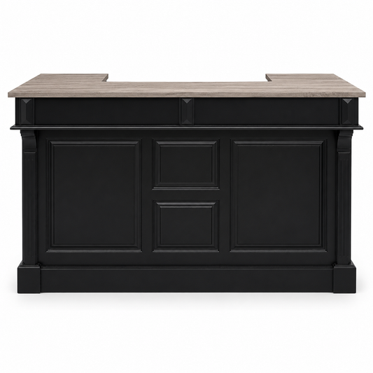 Listrac bar counter in black with oak top, front view on white background