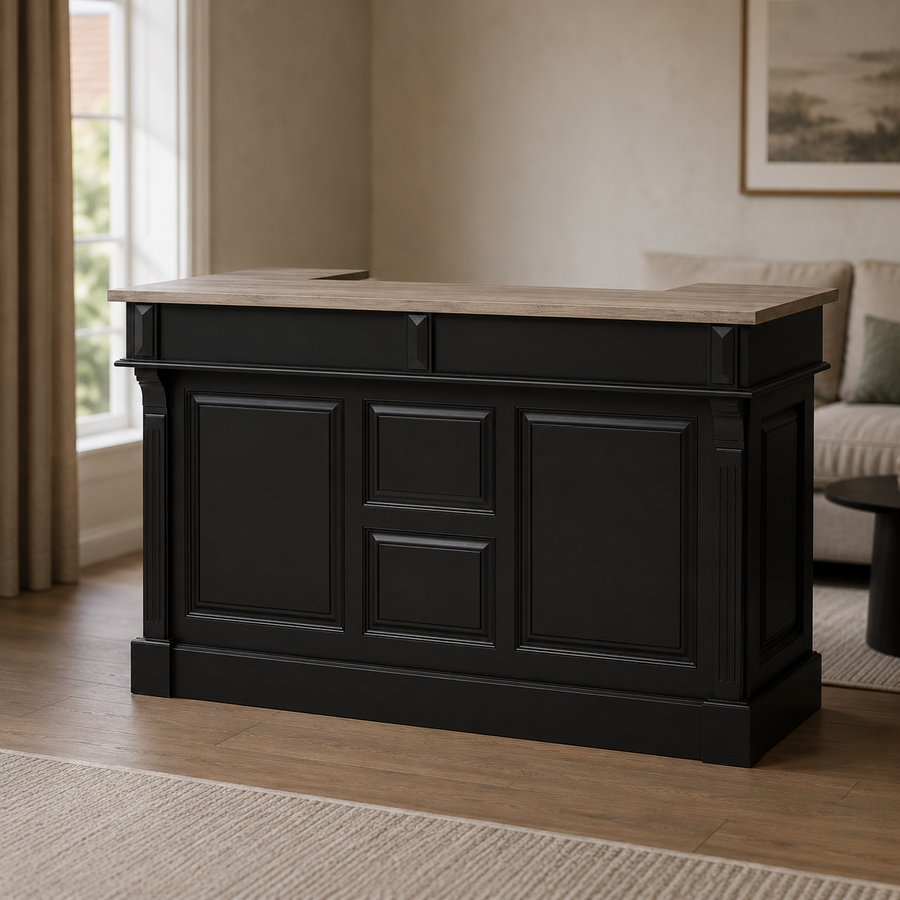 Listrac bar counter in black with oak top styled in a living room
