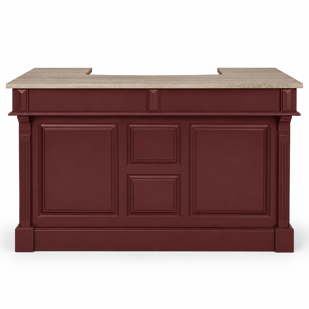 Listrac bar counter in bordeaux with oak top, front view on white background