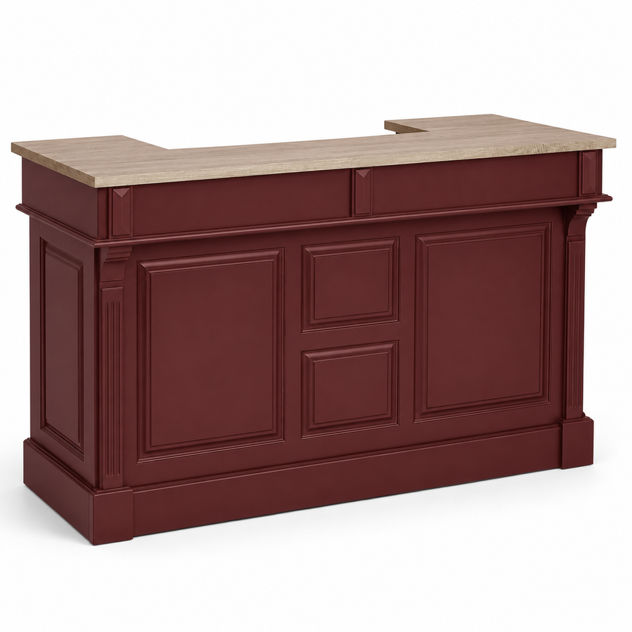 Listrac bar counter in bordeaux with oak top, three-quarter angle view