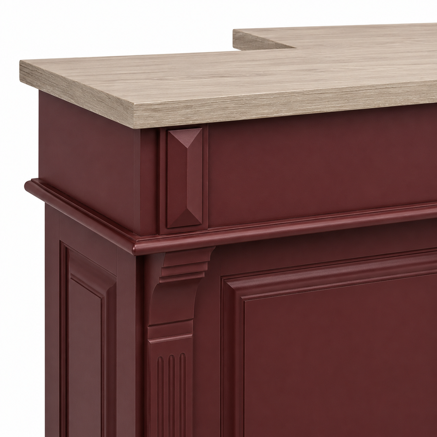 Close-up of the bordeaux paint and oak top finish and detailing of the Listrac bar counter