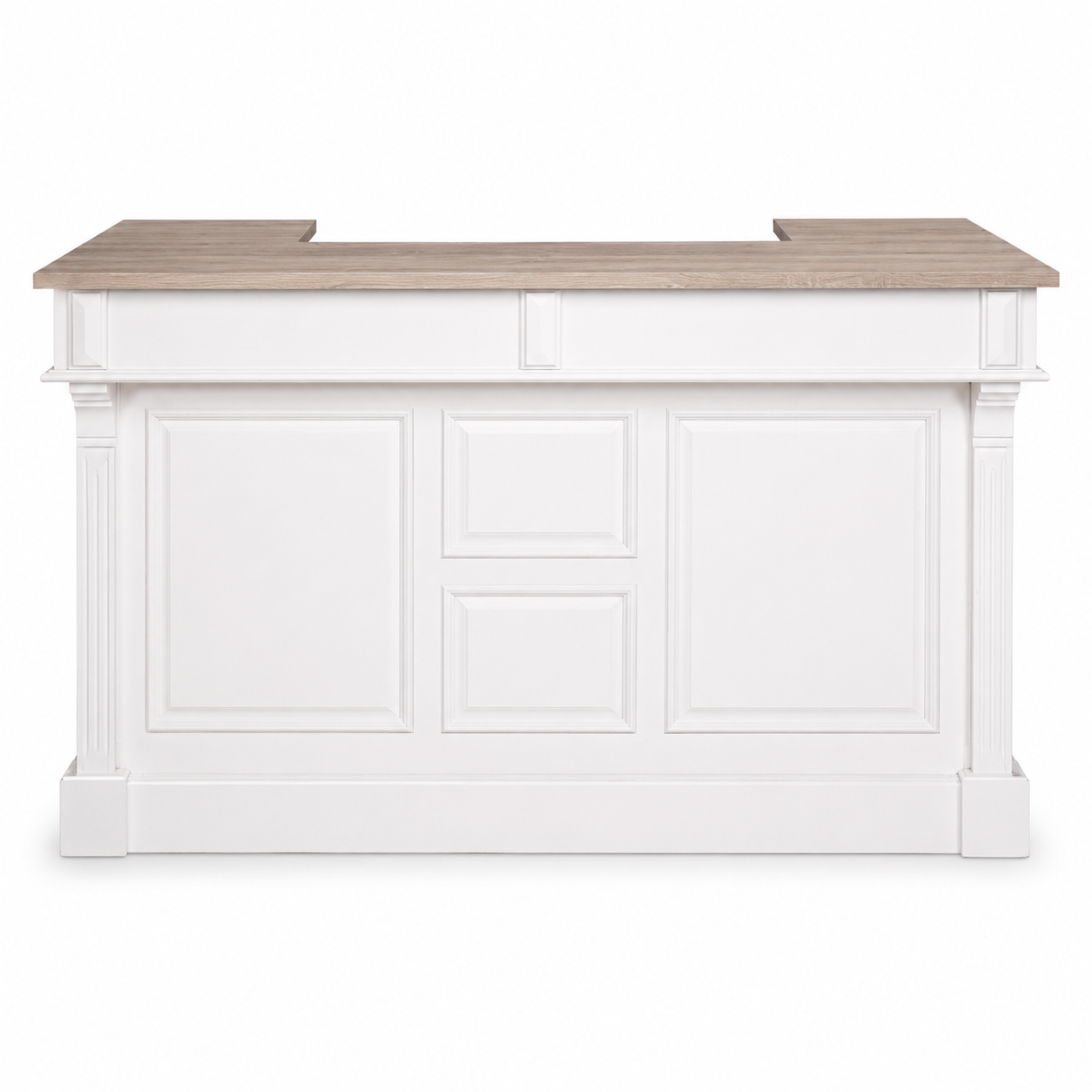 Listrac bar counter in white with a solid oak top, front view on white background