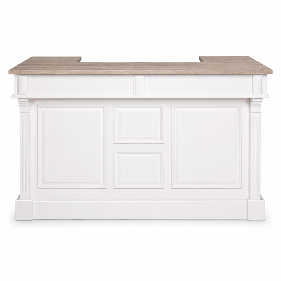 Listrac bar counter in white with a solid oak top, front view on white background