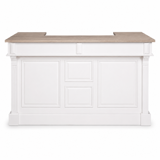 Listrac bar counter in white with a solid oak top, front view on white background