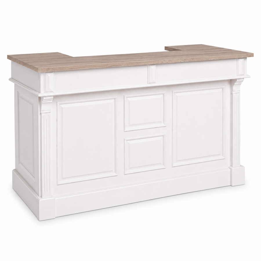 Listrac bar counter in white with a solid oak top, three-quarter angle view