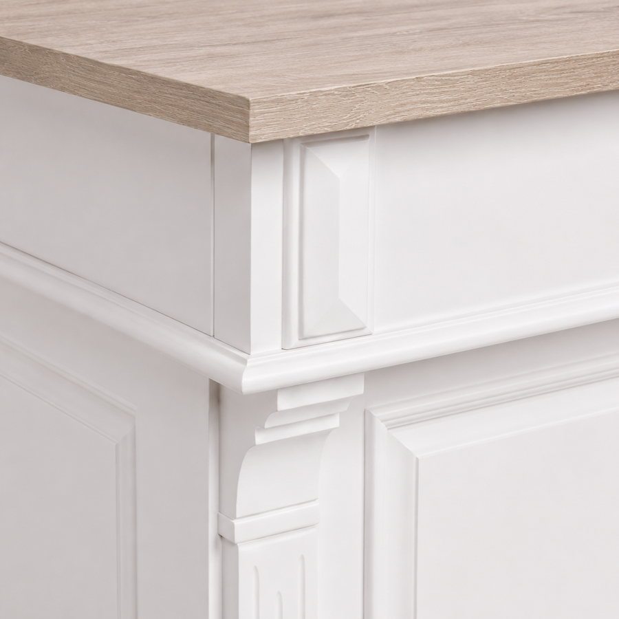 Close-up of the white finish and solid oak top detailing of the Listrac bar counter