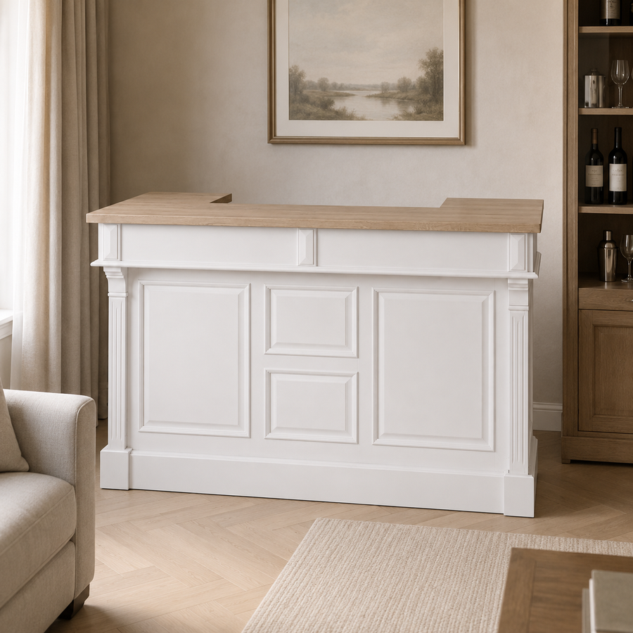 Listrac bar counter in white with a solid oak top styled in a living room drinks corner