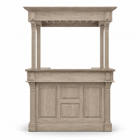Sauternes bar gallery in solid oak, front view on white background