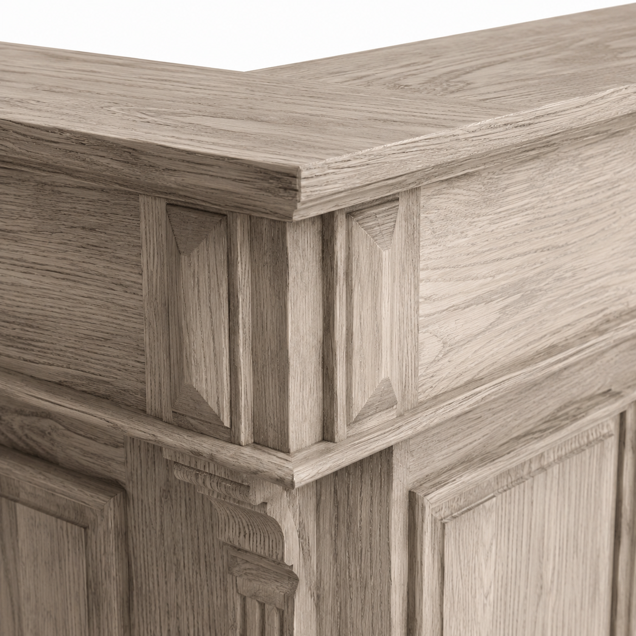 Close-up of the solid oak finish and detailing of the Sauternes bar gallery