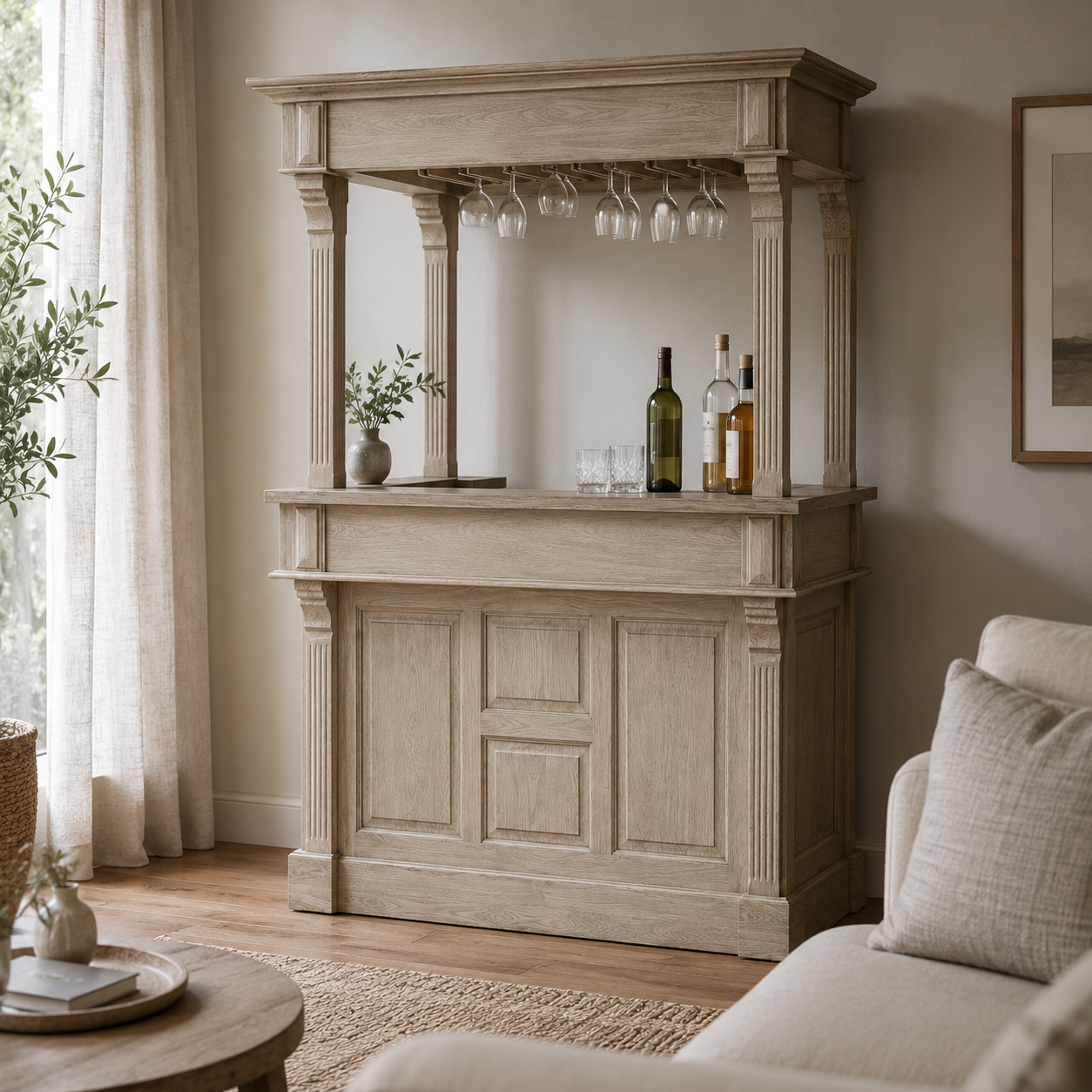 Sauternes bar gallery in solid oak styled in a living room