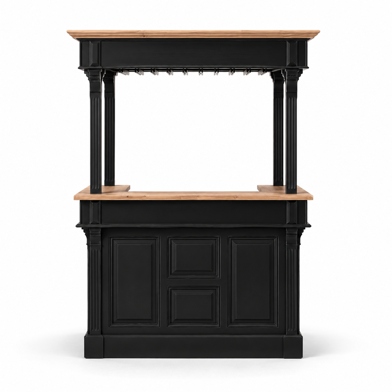 Sauternes bar gallery in black with pale oak top, front view on white background