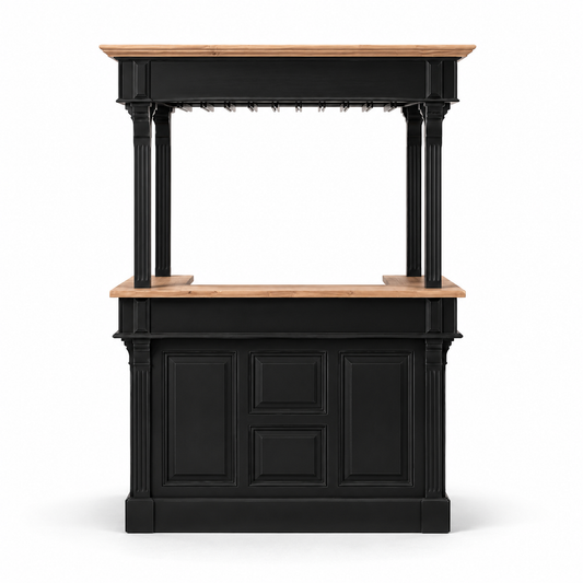 Sauternes bar gallery in black with pale oak top, front view on white background