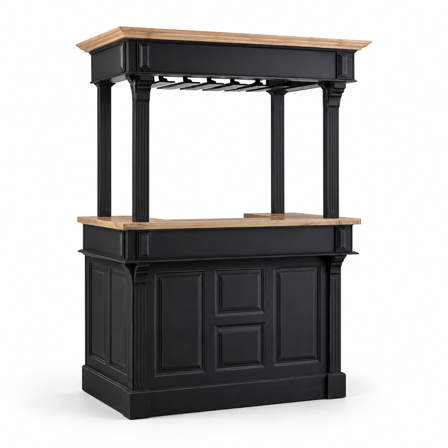 Sauternes bar gallery in black with pale oak top, three-quarter angle view