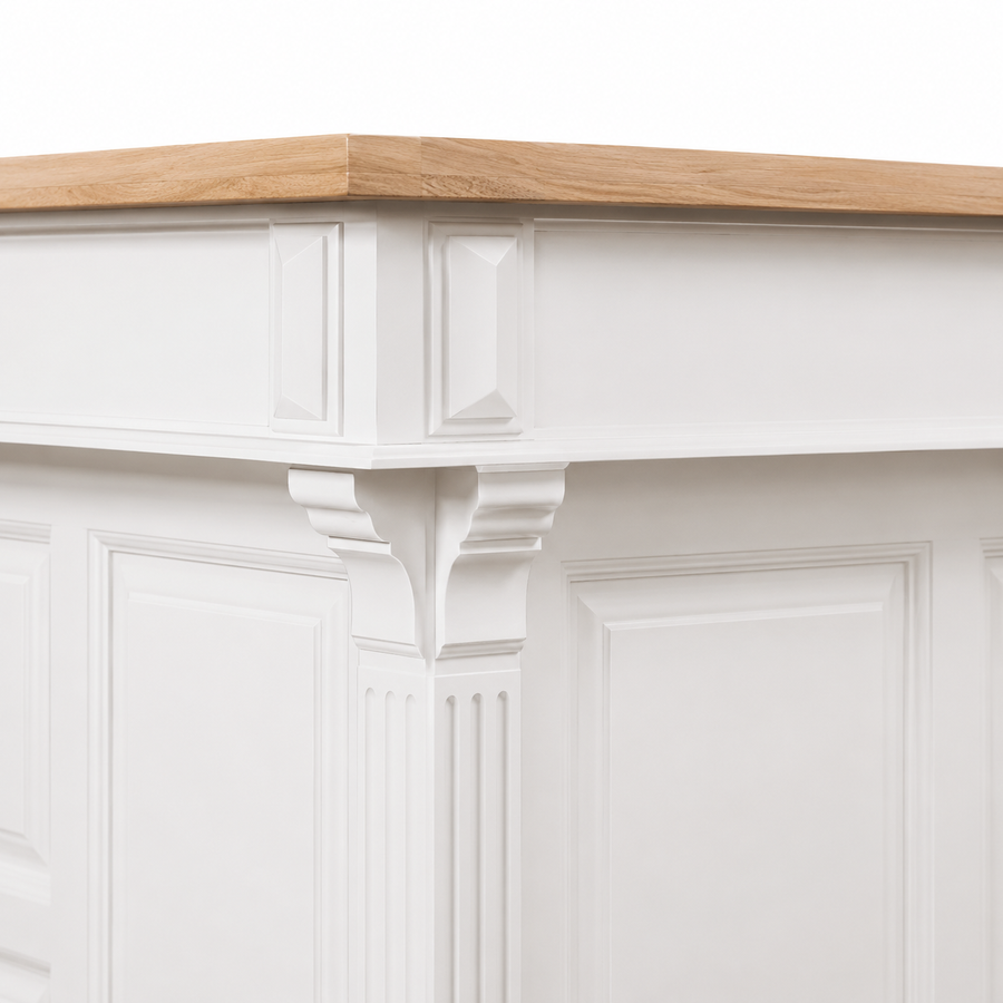 Close-up of the white finish and detailing of the Sauternes bar gallery