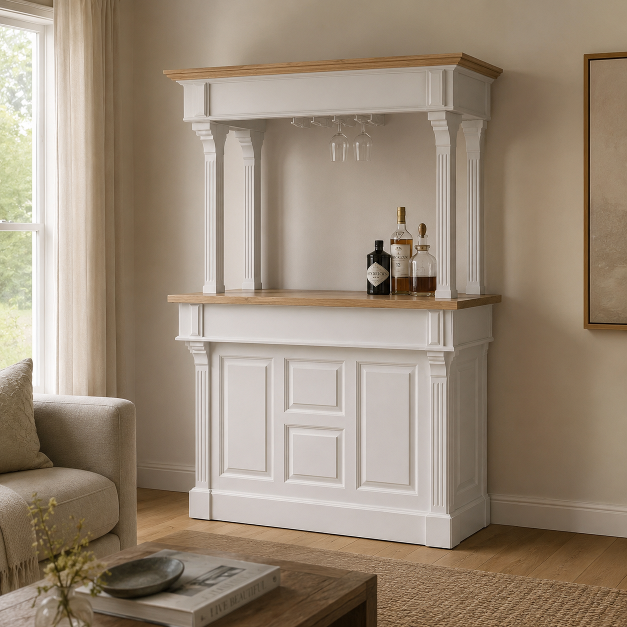 Sauternes bar gallery in white styled in a living room