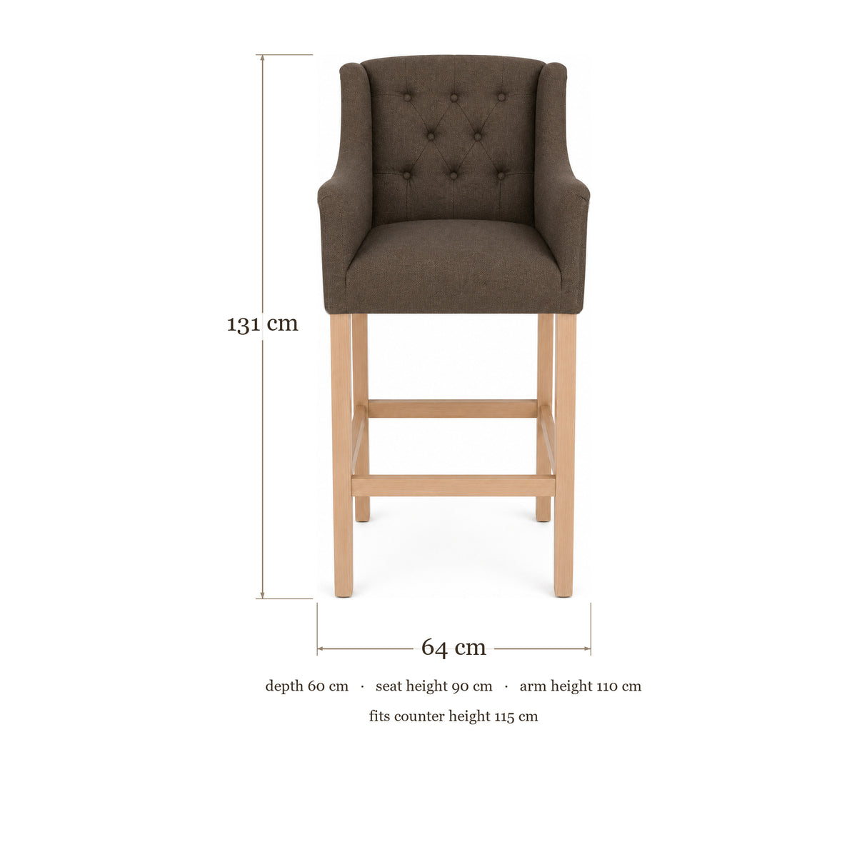 Bar Stool Canon - Brown Fabric & Natural Oak Legs - 64×60×131 cm - dimensions | Marcottestyle