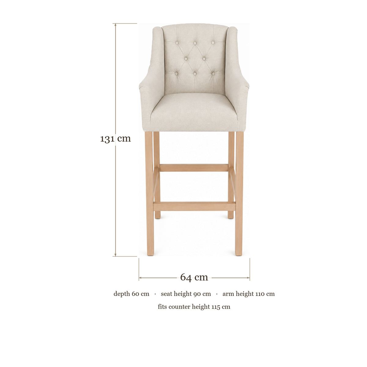 Bar Stool Canon - Light Beige Fabric & Natural Oak Legs - 64×60×131 cm - dimensions | Marcottestyle