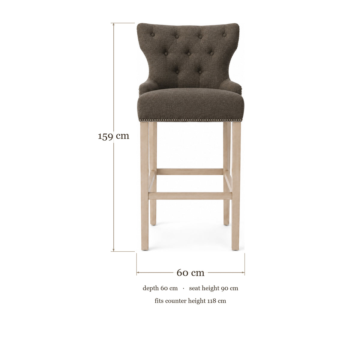 Bar Stool Dinos - Brown Fabric & Natural Oak Legs - 60×60×159 cm - dimensions | Marcottestyle