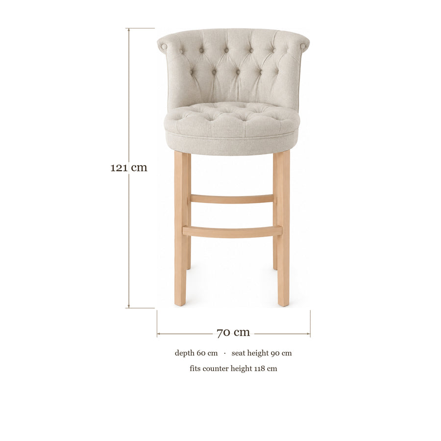 Bar Stool Ducati - Light Beige Fabric & Natural Oak Legs - 70×60×121 cm - dimensions | Marcottestyle