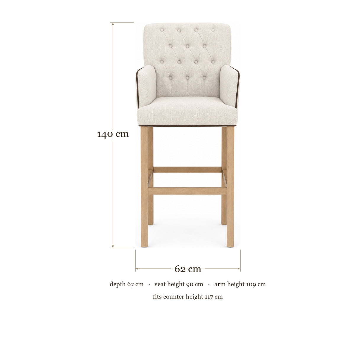 Bar Stool Elise - Light Beige Fabric & Natural Oak Legs - 62×67×140 cm - dimensions | Marcottestyle