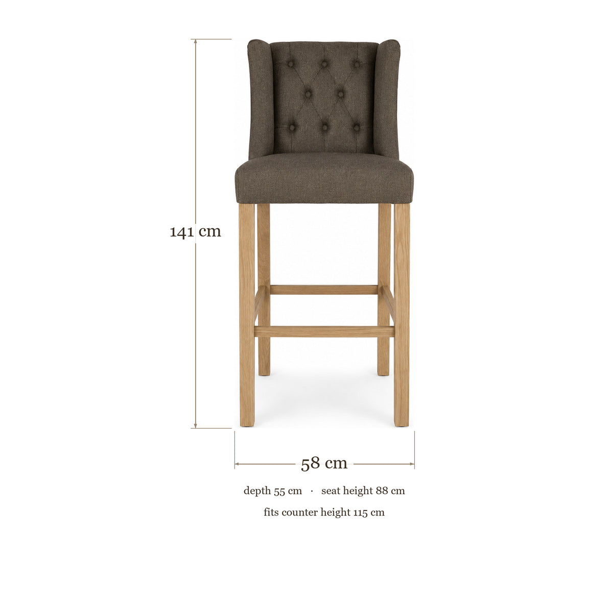 Bar Stool Hectori - Brown Fabric & Natural Oak Legs - 58×55×141 cm - dimensions | Marcottestyle
