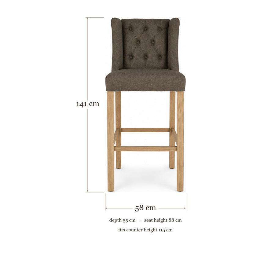 Bar Stool Hectori - Brown Fabric & Natural Oak Legs - 58×55×141 cm - dimensions | Marcottestyle