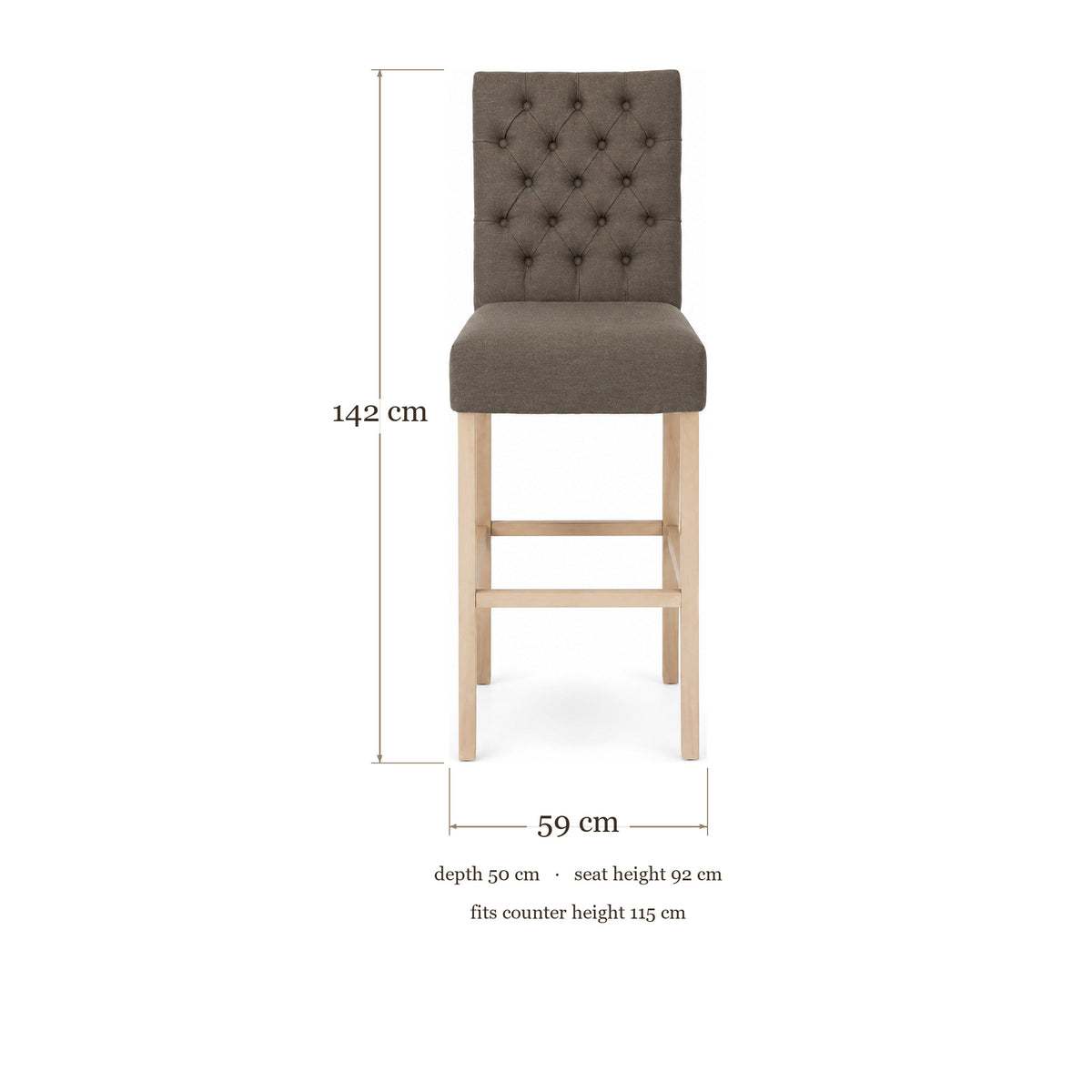 Bar Stool Mistral - Brown Fabric & Natural Oak Legs - 59×50×142 cm - dimensions | Marcottestyle