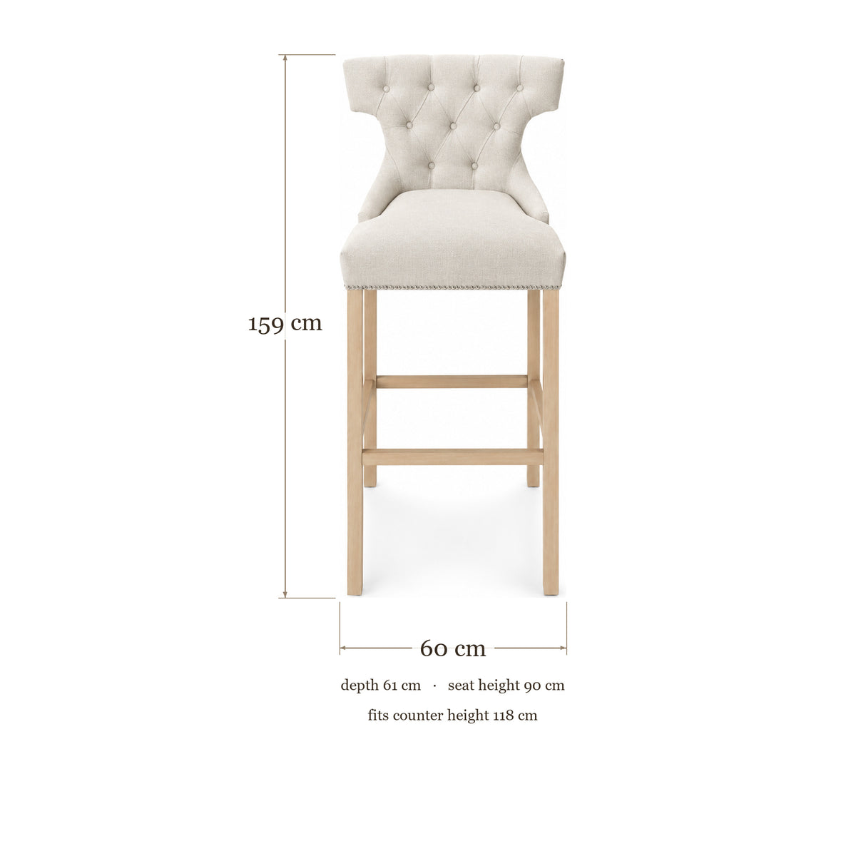 Bar Stool Montana - Light Beige Fabric & Natural Oak Legs - 60×61×159 cm - dimensions | Marcottestyle