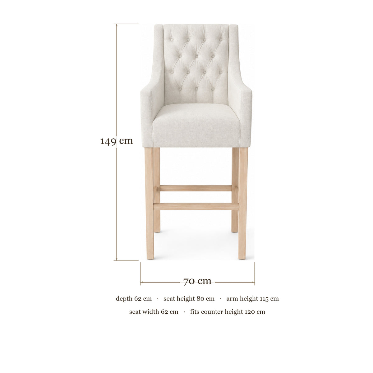 Bar Stool Orlando - Light Beige Fabric & Natural Oak Legs - 70×62×149 cm - dimensions | Marcottestyle
