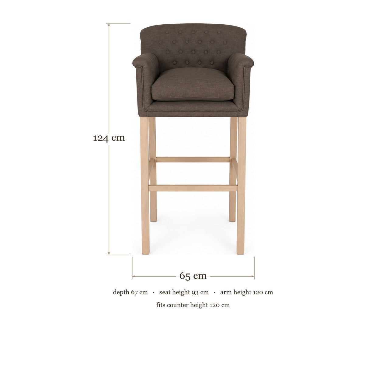 Bar Stool Theems - Brown Fabric & Natural Oak Legs - 65×67×124 cm - dimensions | Marcottestyle