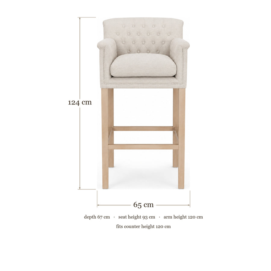 Bar Stool Theems - Light Beige Fabric & Natural Oak Legs - 65×67×124 cm - dimensions | Marcottestyle