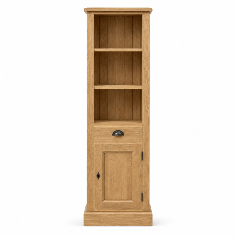 Country-style solid oak Roscoff bathroom column cabinet with open shelves and panelled door, 160 cm tall, front view